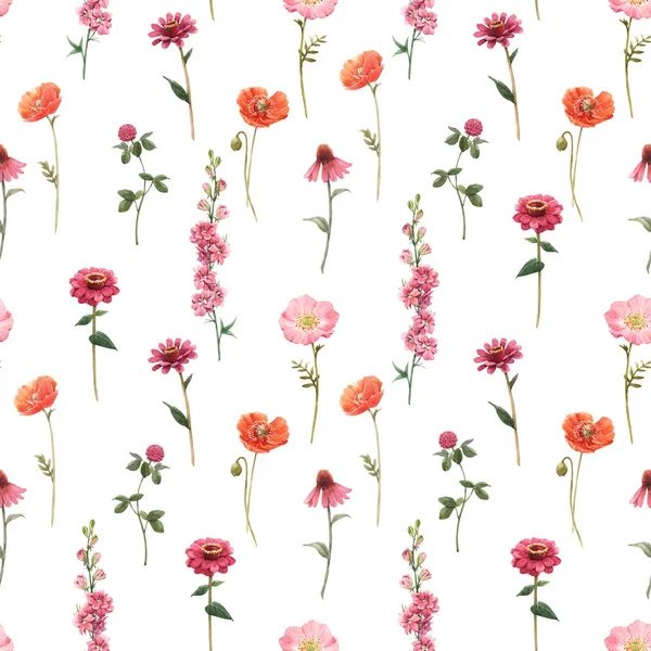 Mooie bloemen zomer naadloze patroon met aquarel hand getrokken veld wilde bloemen. Voorraadillustratie. — Stockfoto