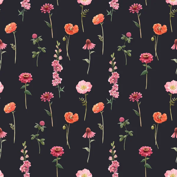 Çiçeksiz, suluboya elle çizilmiş kır çiçekleri olan güzel bir yaz deseni. Stok illüstrasyonu.