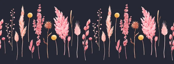 Bellissimo modello senza soluzione di continuità con erbario acquerello selvatico erba secca nei colori rosa e giallo. Illustrazione delle scorte . — Foto Stock