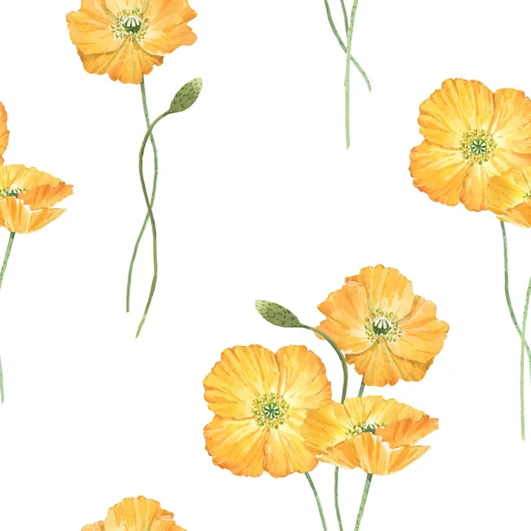 Mooie bloemenzomer naadloos patroon met aquarel hand getrokken gele papaver wilde bloemen. Voorraadillustratie. — Stockfoto