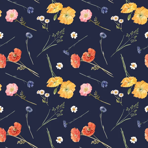 Vackra blommiga sommar sömlösa mönster med akvarell handritade fält vilda blommor. Lagerillustration. — Stockfoto