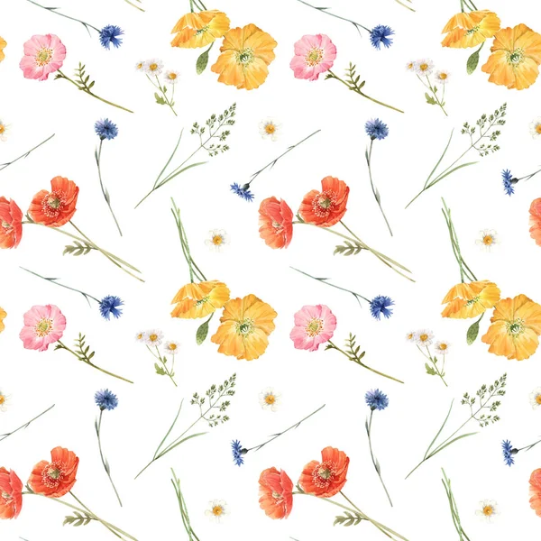 Çiçeksiz, suluboya elle çizilmiş kır çiçekleri olan güzel bir yaz deseni. Stok illüstrasyonu. — Stok fotoğraf