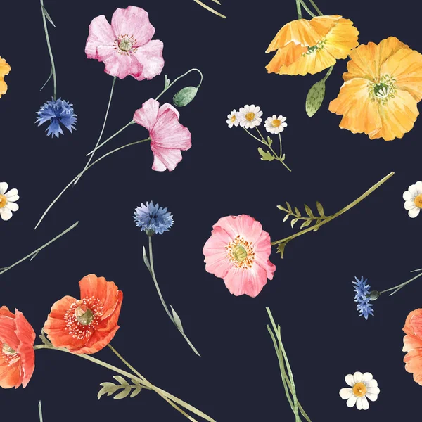 Beau motif floral d'été sans couture avec aquarelle dessinée à la main champ fleurs sauvages. Illustration de stock . — Photo