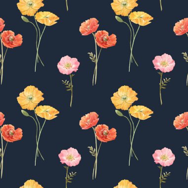 Beautiful vector floral summer seamless pattern with watercolor hand drawn field wild flowers. Stock illustration.