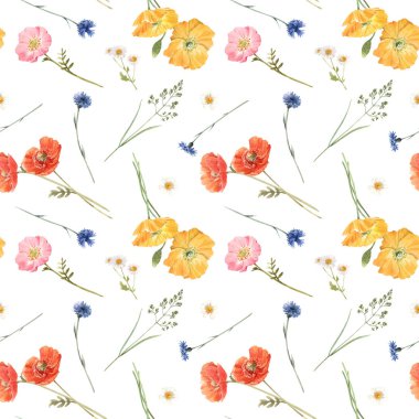 Beautiful vector floral summer seamless pattern with watercolor hand drawn field wild flowers. Stock illustration.