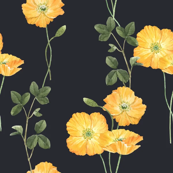 Belo vetor floral verão sem costura padrão com aquarela mão desenhada amarelo papoula flores selvagens. Ilustração das existências . —  Vetores de Stock
