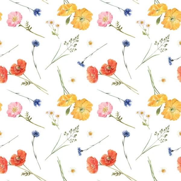 Beautiful vector floral summer seamless pattern with watercolor hand drawn field wild flowers. Stock illustration. — ストックベクタ