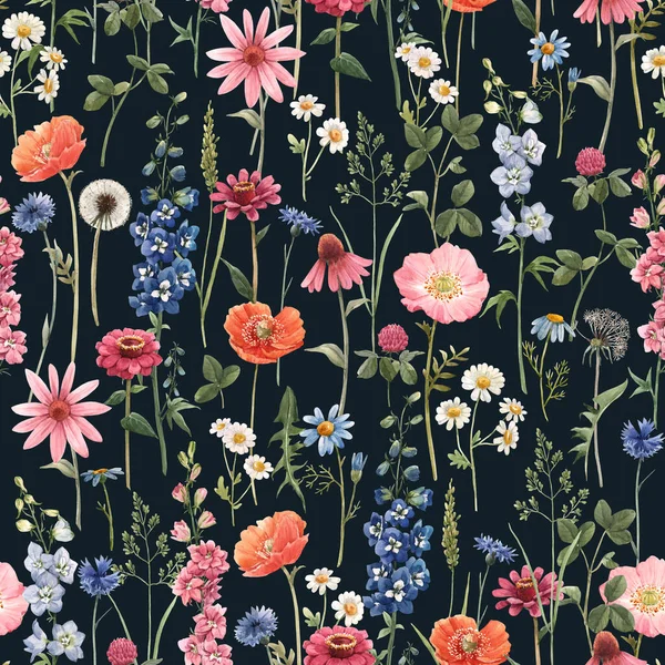 Çiçeksiz, suluboya elle çizilmiş kır çiçekleri olan güzel bir yaz deseni. Stok illüstrasyonu. — Stok fotoğraf