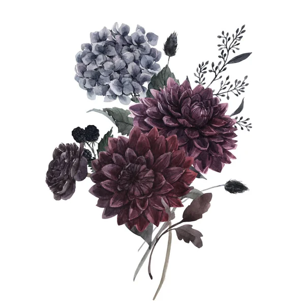 Beautiful bouquet composition with watercolor dark blue, red and black dahlia hydrangea flowers. Stock illustration. — ストック写真