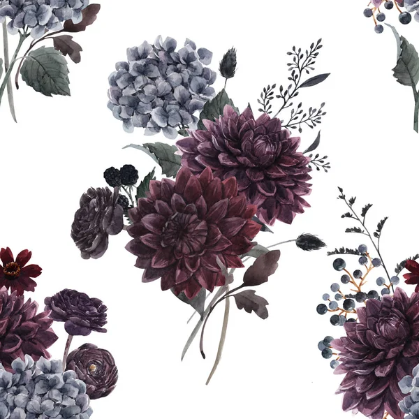 Beautiful seamless pattern with watercolor dark blue, red and black dahlia hydrangea flowers. Stock illustration. — 图库照片