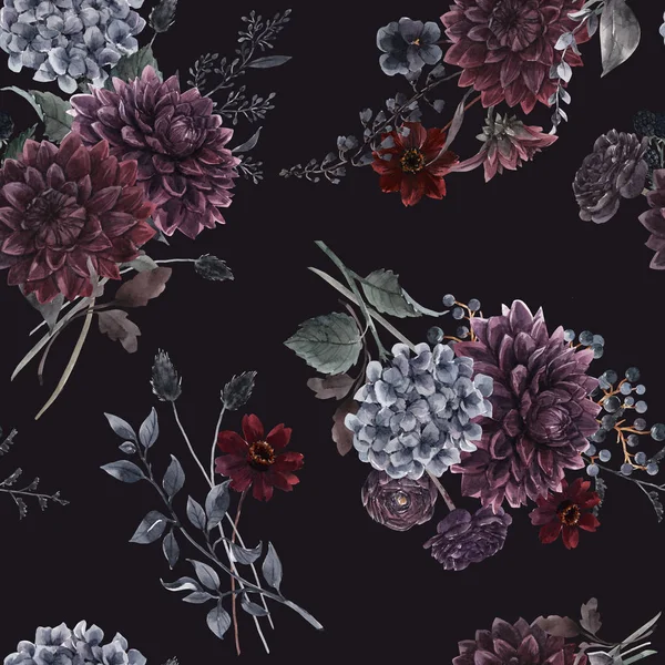 Beautiful seamless pattern with watercolor dark blue, red and black dahlia hydrangea flowers. Stock illustration. — Stok fotoğraf