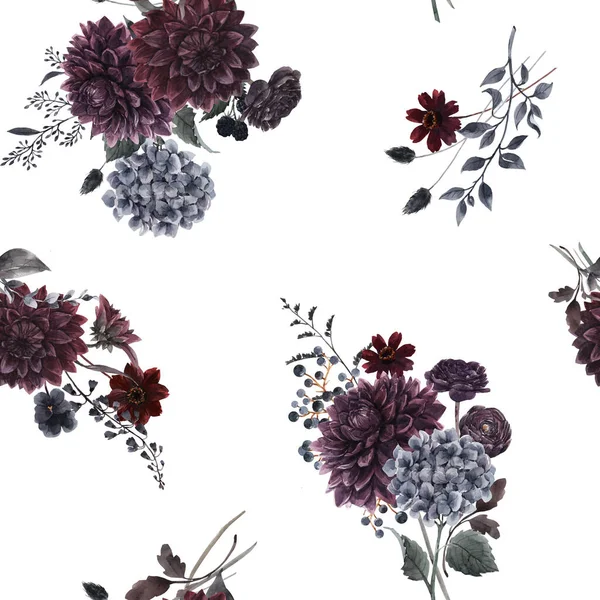 Beautiful seamless pattern with watercolor dark blue, red and black dahlia hydrangea flowers. Stock illustration. — 图库照片