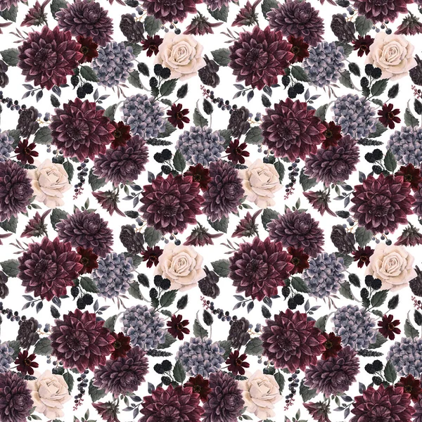 Beautiful seamless pattern with watercolor dark blue, red and black dahlia hydrangea flowers. Stock illustration. — Stock Photo, Image