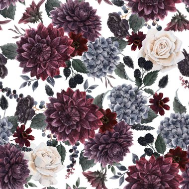Beautiful seamless pattern with watercolor dark blue, red and black dahlia hydrangea flowers. Stock illustration.