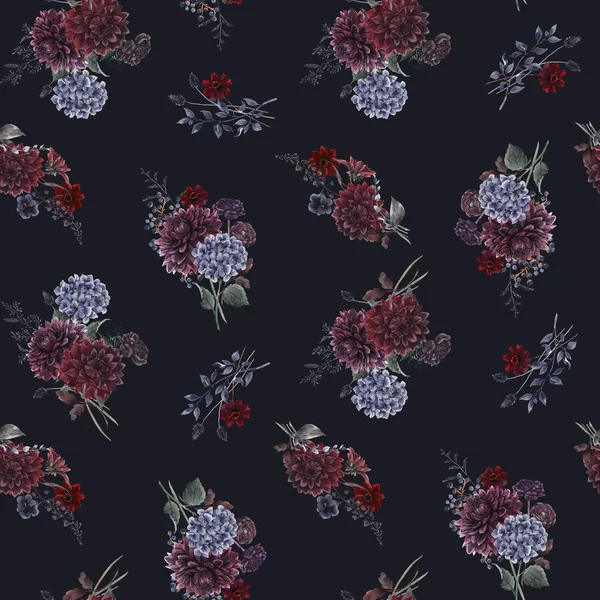 Beau motif sans couture avec aquarelle bleu foncé, fleurs dahlia hortensia rouges et noires. Illustration de stock . — Photo