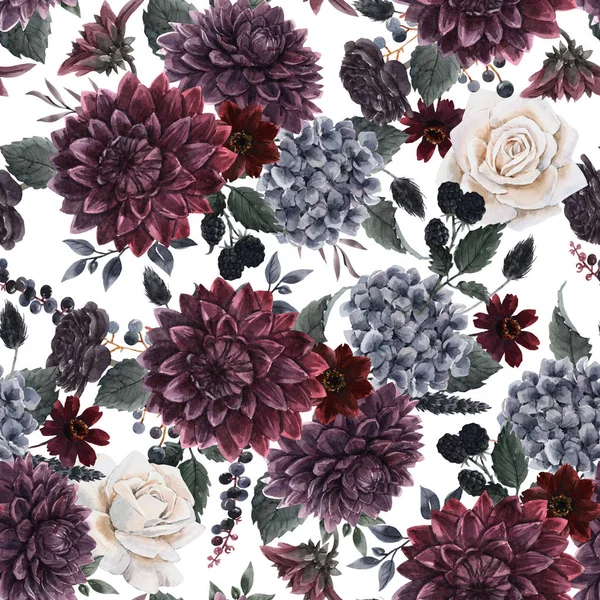 Beautiful seamless pattern with watercolor dark blue, red and black dahlia hydrangea flowers. Stock illustration. — Stockfoto