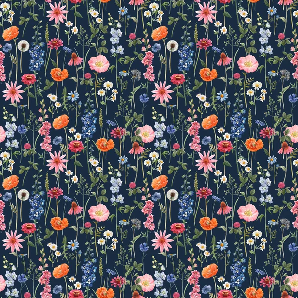 Beau motif floral d'été sans couture avec aquarelle dessinée à la main champ fleurs sauvages. Illustration de stock . — Photo