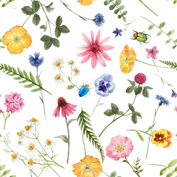 Mooie bloemen zomer naadloze patroon met aquarel hand getrokken veld wilde bloemen. Voorraadillustratie. — Stockfoto