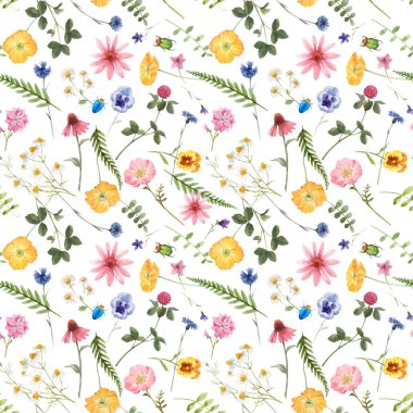 Beautiful vector floral summer seamless pattern with watercolor hand drawn field wild flowers. Stock illustration.