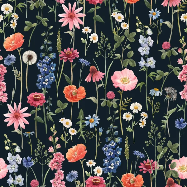 Belo vetor floral verão sem costura padrão com aquarela mão desenhado campo flores selvagens. Ilustração das existências . —  Vetores de Stock