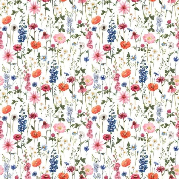 Beautiful vector floral summer seamless pattern with watercolor hand drawn field wild flowers. Stock illustration. — ストックベクタ