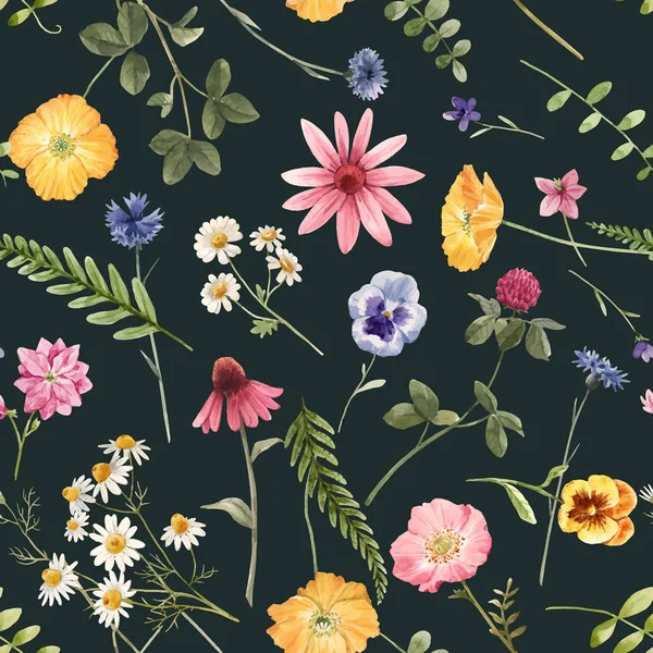 Beautiful vector floral summer seamless pattern with watercolor hand drawn field wild flowers. Stock illustration. — Stock Vector