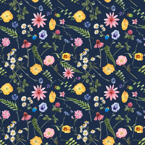 Beautiful vector floral summer seamless pattern with watercolor hand drawn field wild flowers. Stock illustration. — Stok Vektör