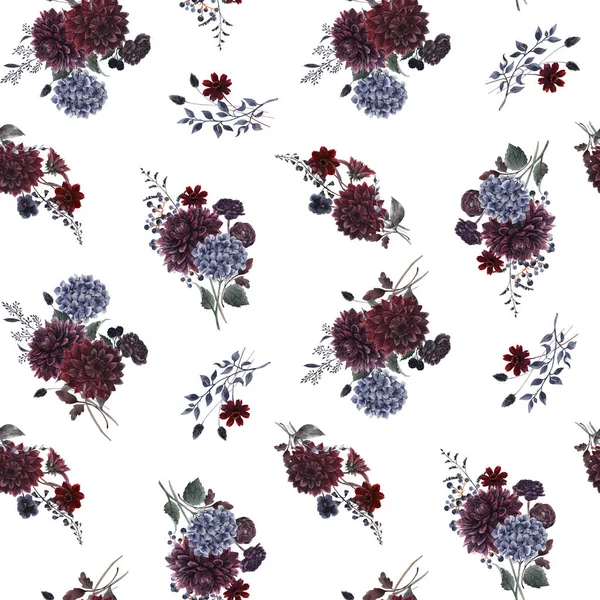 Красивий безшовний візерунок з акварельними темно-синіми, червоними і чорними квітками жоржин. Стокова ілюстрація . — стокове фото