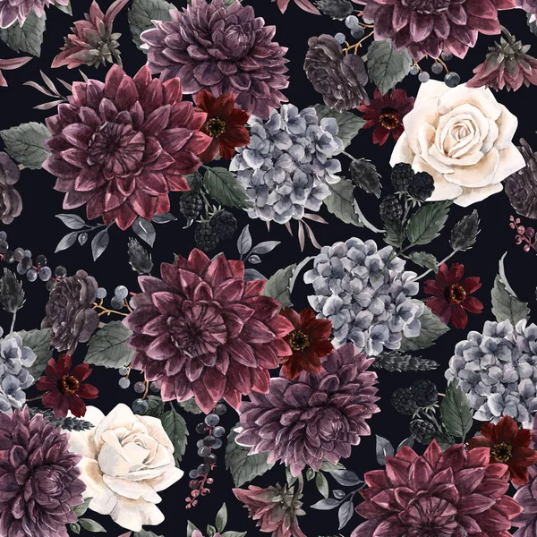 Beautiful seamless pattern with watercolor dark blue, red and black dahlia hydrangea flowers. Stock illustration. — 图库照片