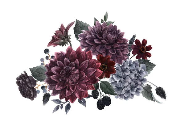 Beautiful bouquet composition with watercolor dark blue, red and black dahlia hydrangea flowers. Stock illustration. — Stock Photo, Image