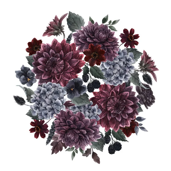 Belle composition de bouquet avec aquarelle bleu foncé, fleurs dahlia hortensia rouges et noires. Illustration de stock . — Photo