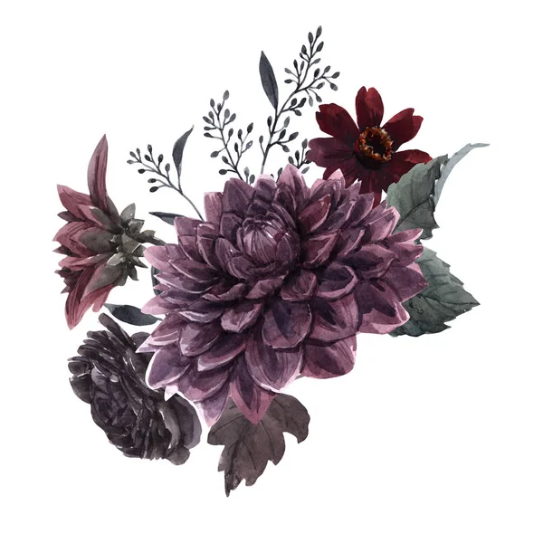 Bella composizione bouquet con acquerello blu scuro, rosso e nero fiori di dalia ortensia. Illustrazione delle scorte . — Foto Stock