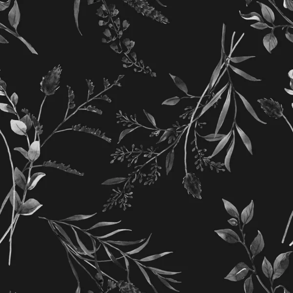 Beautiful seamless pattern with watercolor dark wild field herbs, black grass. Stock illustration. — Stock Photo, Image