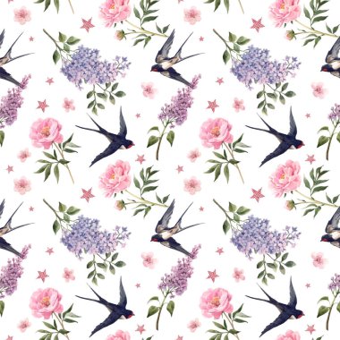 Güzel vektör yumuşak yay dikişsiz çiçek deseni suluboya şakayık, leylak, şakayık çiçekleri ve kuşları yutan. Stok illüstrasyonu.