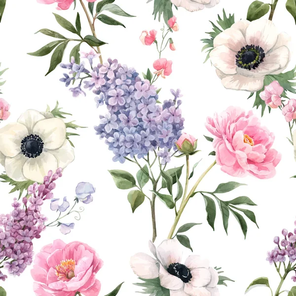 Bellissimo modello floreale vettoriale senza soluzione di continuità con anemoni acquerello, fiori lilla e peonia. Illustrazione delle scorte . — Vettoriale Stock