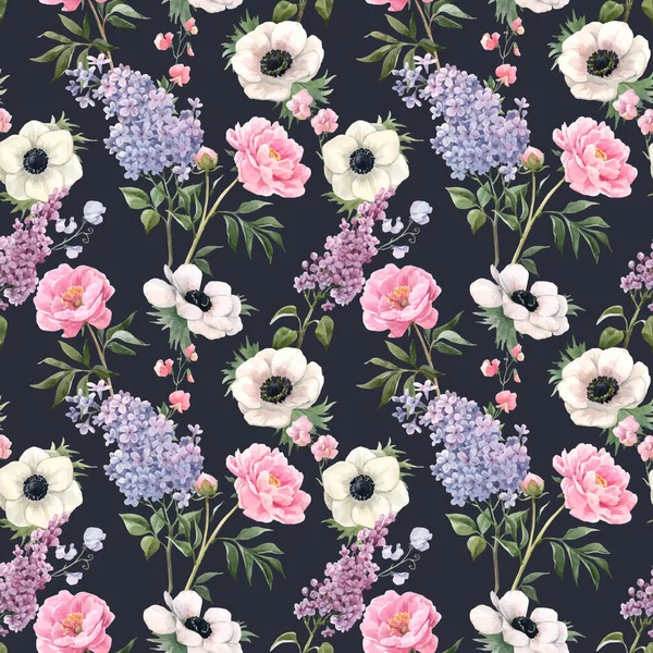 Magnifique motif floral vectoriel sans couture avec anémones aquarelle, fleurs de lilas et pivoines. Illustration de stock . — Image vectorielle