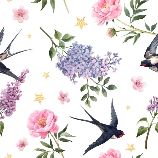 Beau vecteur doux printemps motif floral sans couture avec anémone aquarelle, lilas, fleurs de pivoine et les oiseaux hirondelles. Illustration de stock . — Image vectorielle