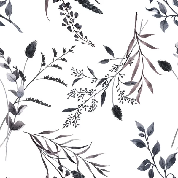 Smukke sømløse mønster med akvarel mørke vilde felt urter, sort græs. Aktieillustration . - Stock-foto