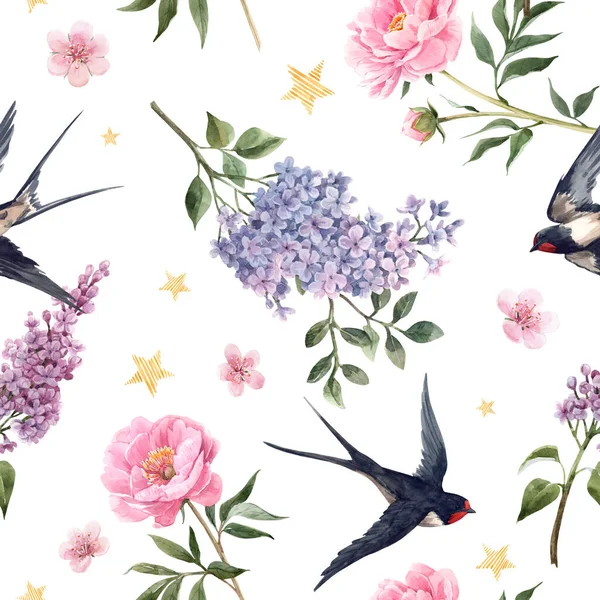 Красивая нежная весна бесшовный цветочный узор с акварелью анемон, сирень, пионы цветы и ласточки птиц. Иллюстрация . — стоковое фото