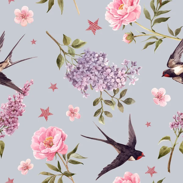 Krásný jemný jarní hladký květinový vzor s akvarelem sasanky, šeříkem, pivoňkovými květy a vlaštovkami. Stock illustration. — Stock fotografie