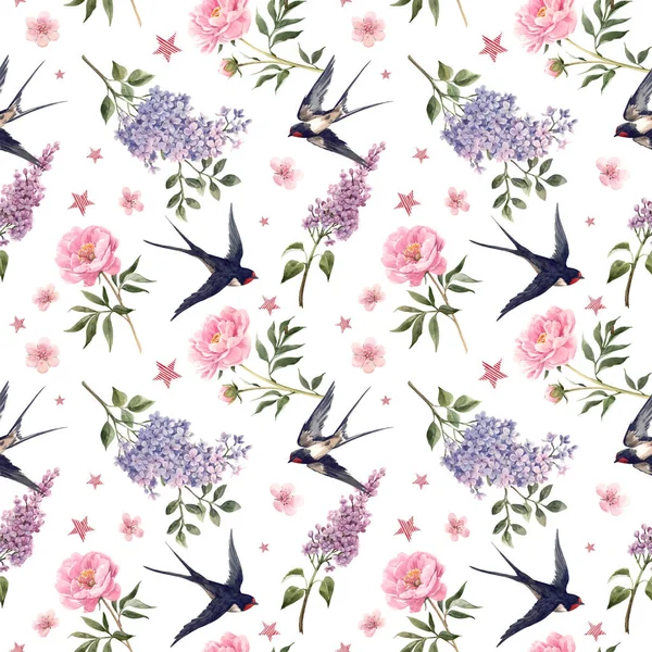 Magnifique motif floral sans couture au printemps avec anémone aquarelle, lilas, fleurs de pivoine et oiseaux hirondelles. Illustration de stock . — Photo