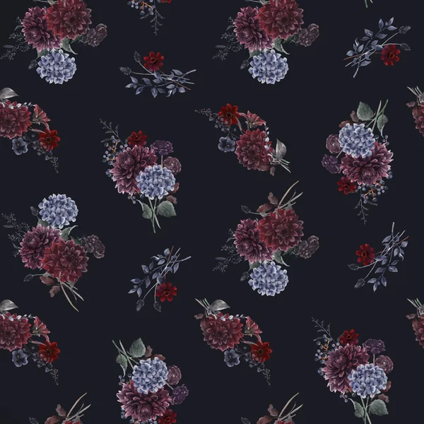 Mooie vector naadloos patroon met aquarel donkerblauw, rood en zwart dahlia hortensia bloemen. Voorraadillustratie. — Stockvector
