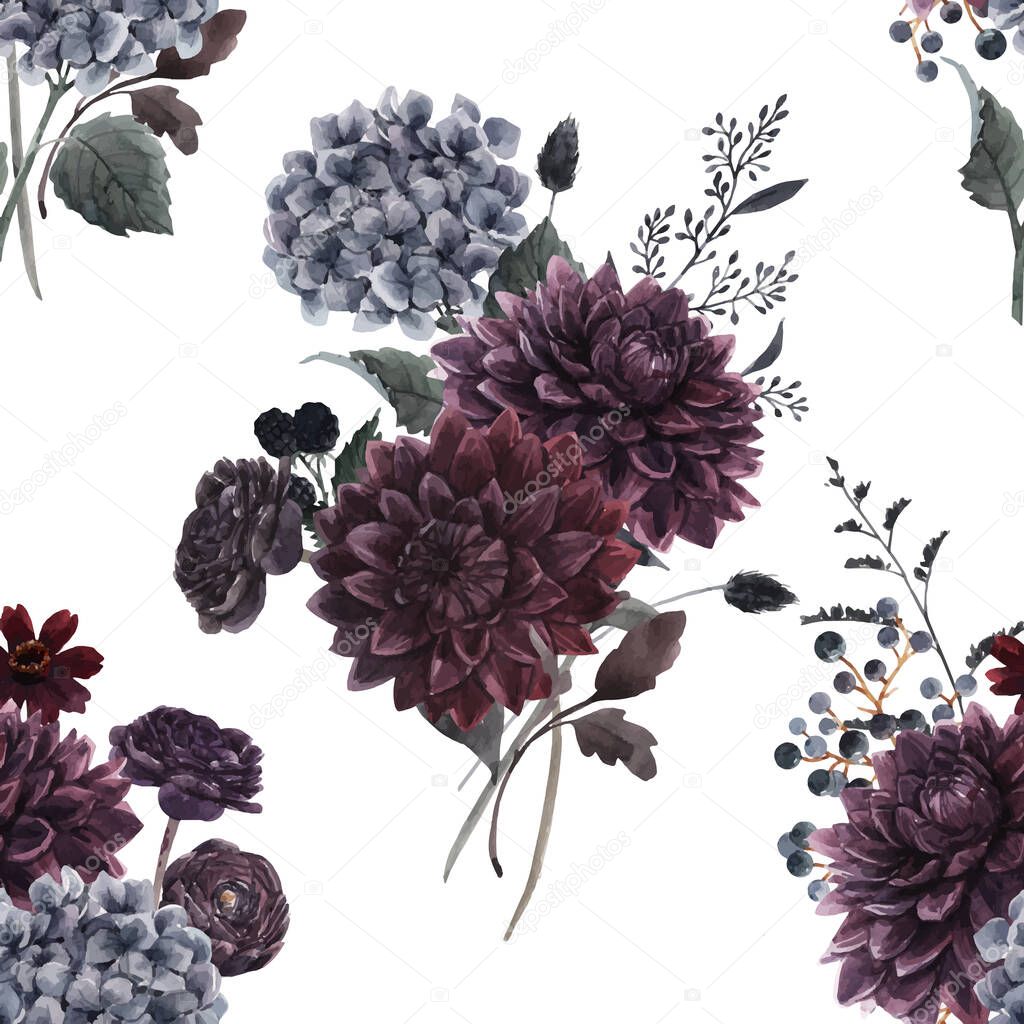 Beautiful vector seamless pattern with watercolor dark blue, red and black dahlia hydrangea flowers. Stock illustration.