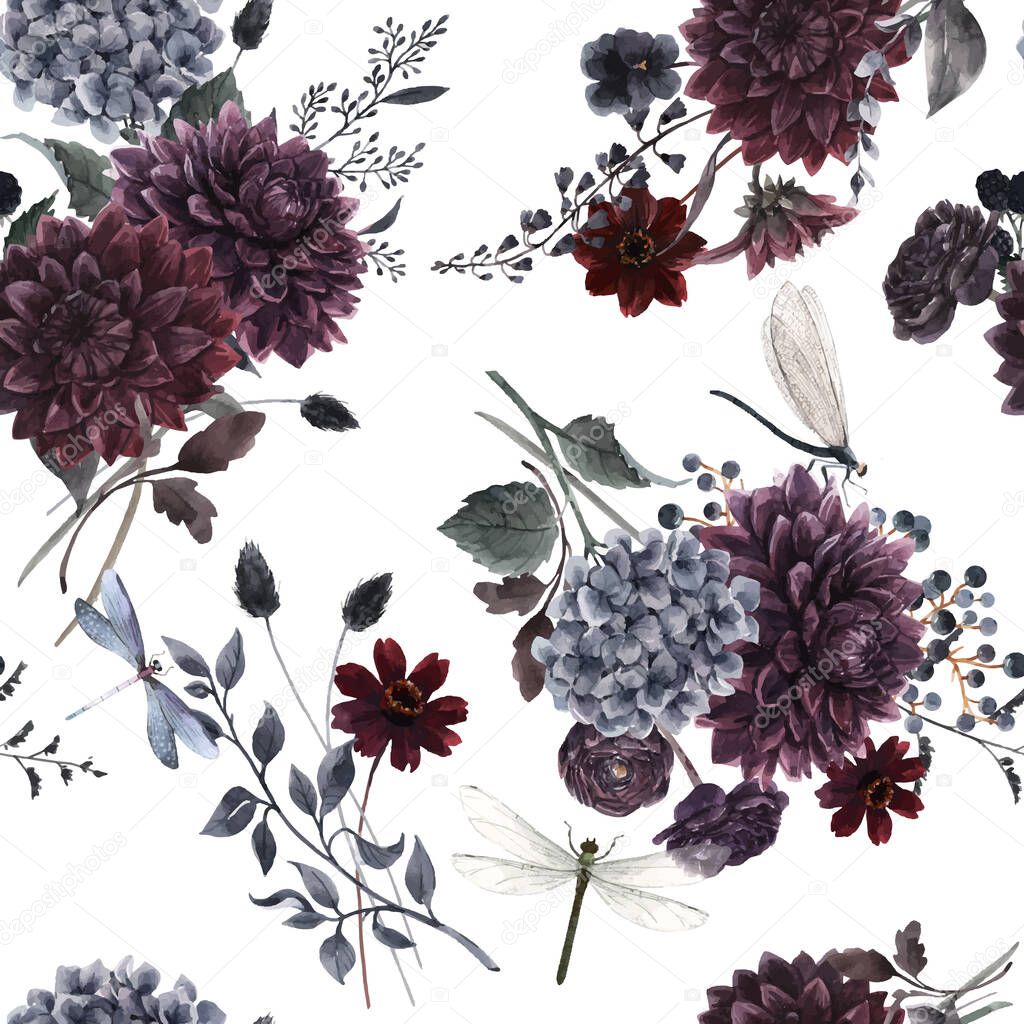 Beautiful vector seamless pattern with watercolor dark blue, red and black dahlia hydrangea flowers. Stock illustration.