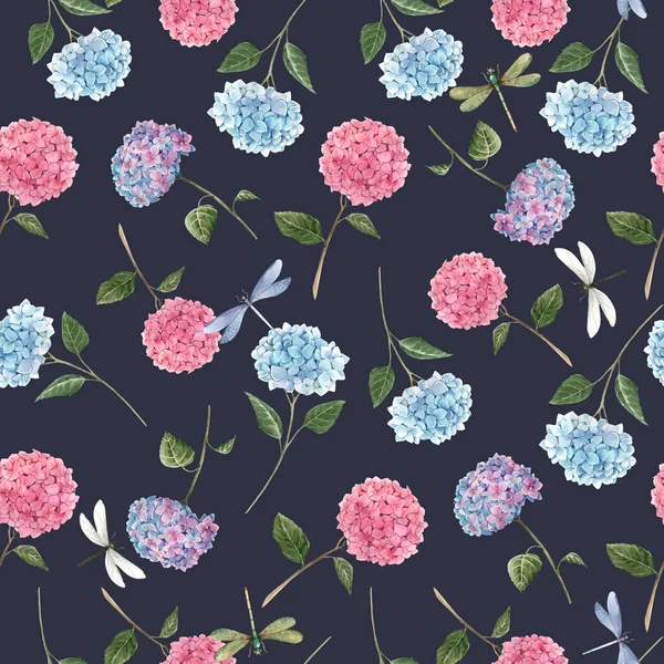 Hermoso patrón sin costuras con acuarela hortensias flores. Ilustración de stock. Fondo floral . —  Fotos de Stock