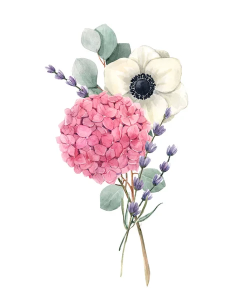 Belo buquê suave com flores de hortênsia rosa aquarela e anêmonas brancas com lavander. Ilustração de estoque. Fundo floral . — Fotografia de Stock