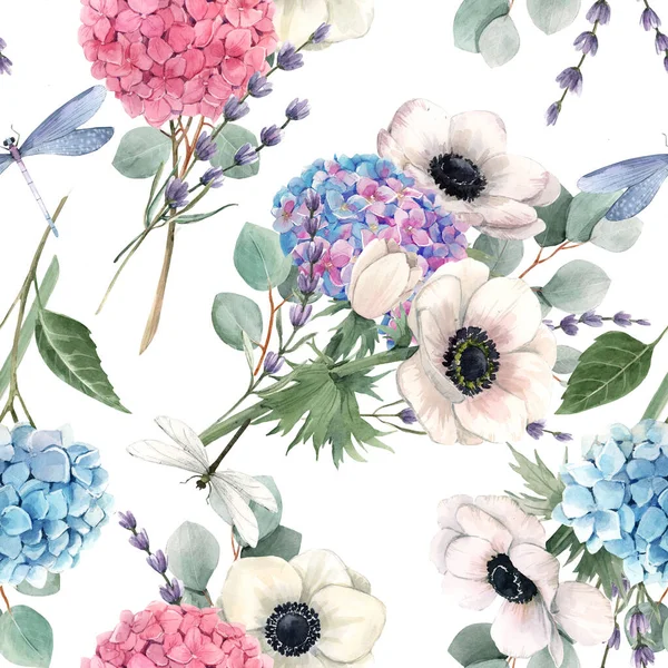 Vackert sömlöst mönster med akvarellrosa, blå, violetta hortensiablommor och vita anemoner med lavander. Lagerillustration. Blommig bakgrund. — Stockfoto