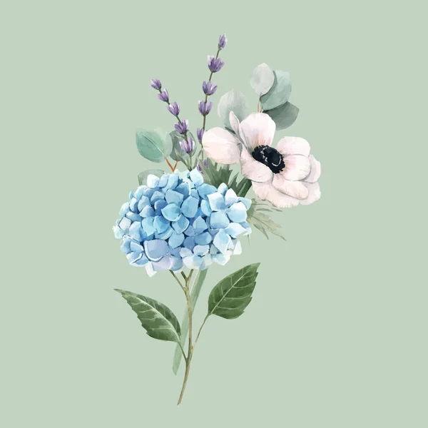 Mooie vector zacht boeket met aquarel blauwe hortensia bloemen en witte anemonen met lavandel. Voorraadillustratie. Bloemen achtergrond. — Stockvector