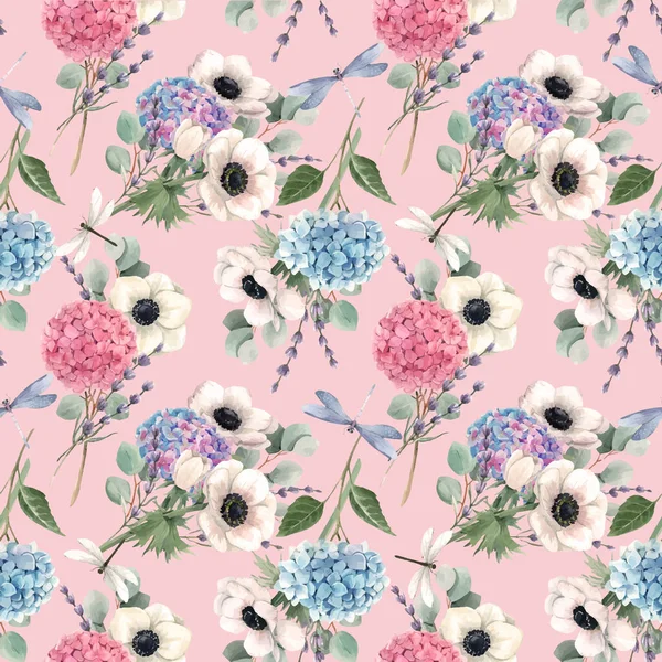 Beautiful vector seamless pattern with watercolor pink, blue, violet hydrangea flowers and white anemones with lavander. Stock illustration. Floral background. — Stock Vector