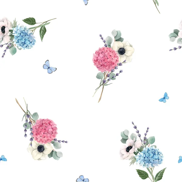 Vacker vektor sömlöst mönster med akvarell rosa, blå, violett hortensia blommor och vita anemoner med lavendel. Lagerillustration. Blommig bakgrund. — Stock vektor